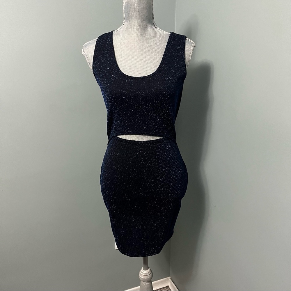 SEE YOU MONDAY LOS ANGELES size large black bodycon dress with blue sparkle